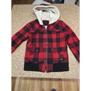 Fox Girls Racing Jacket Buffalo Plaid Full Zipped Hooded Faux Fur Hood Size M